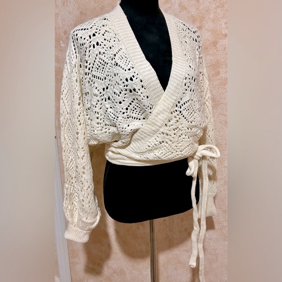 Off White or Milky White Knit Semi Sheer Wrap Sweater - Decorative Side Tie - Picture 12 of 16